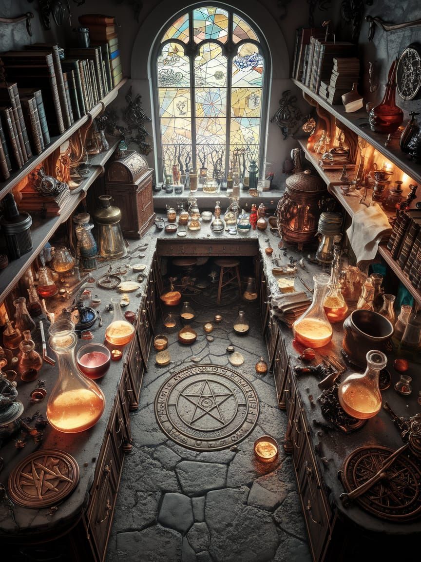 Ancient Alchemist's Workshop in Whimsical Realism