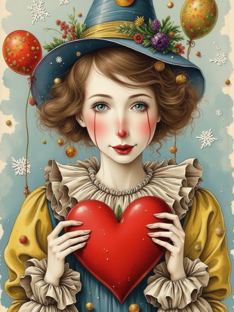 Surreal Clown Portrait with Red Heart