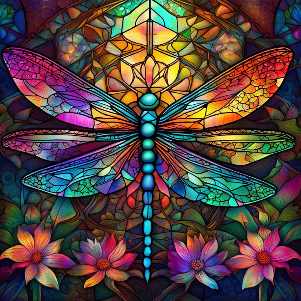 Psychedelic Stained Glass Dragonfly in Astral Garden