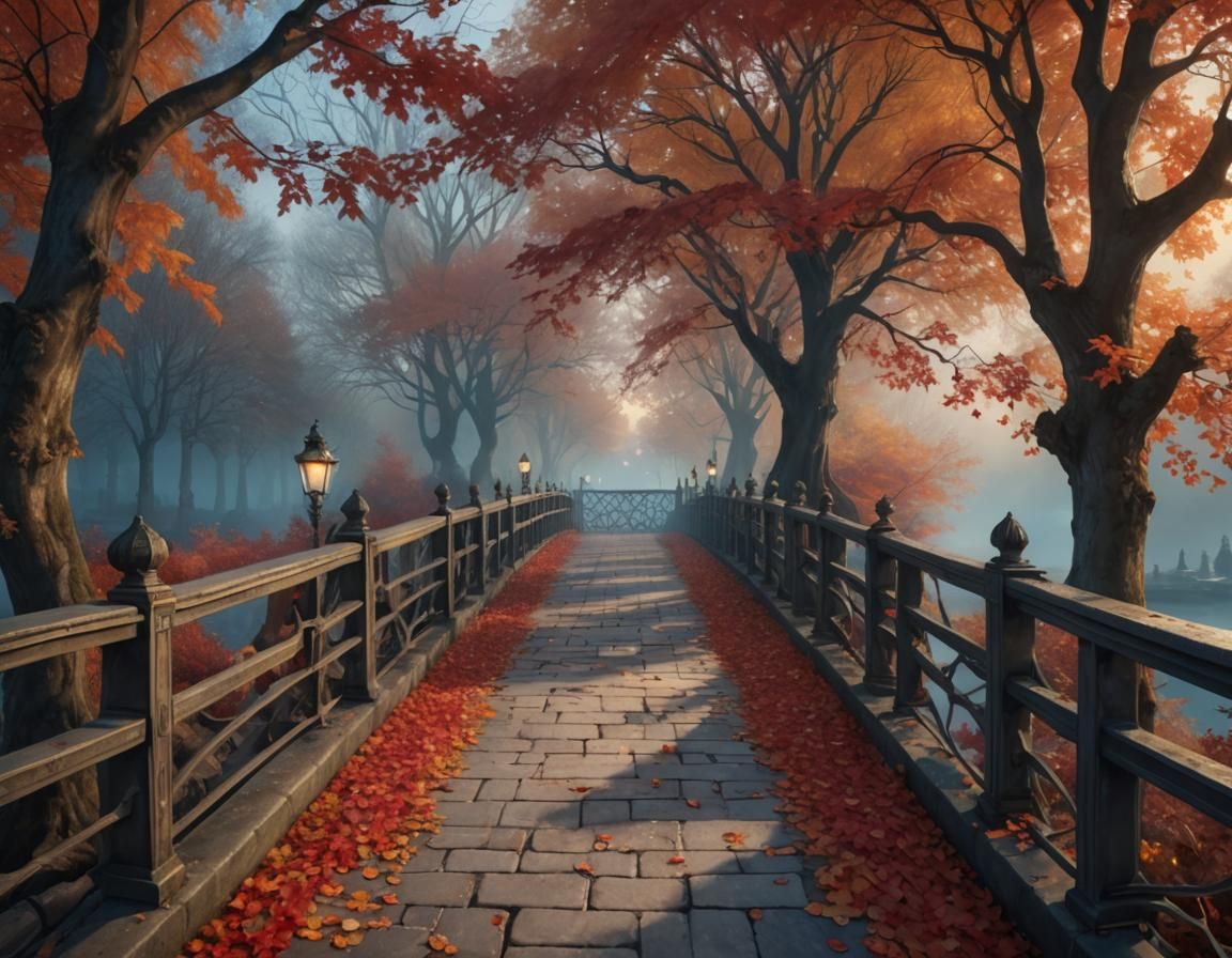 Ethereal Smoke Bridge in Autumn Fantasy Landscape