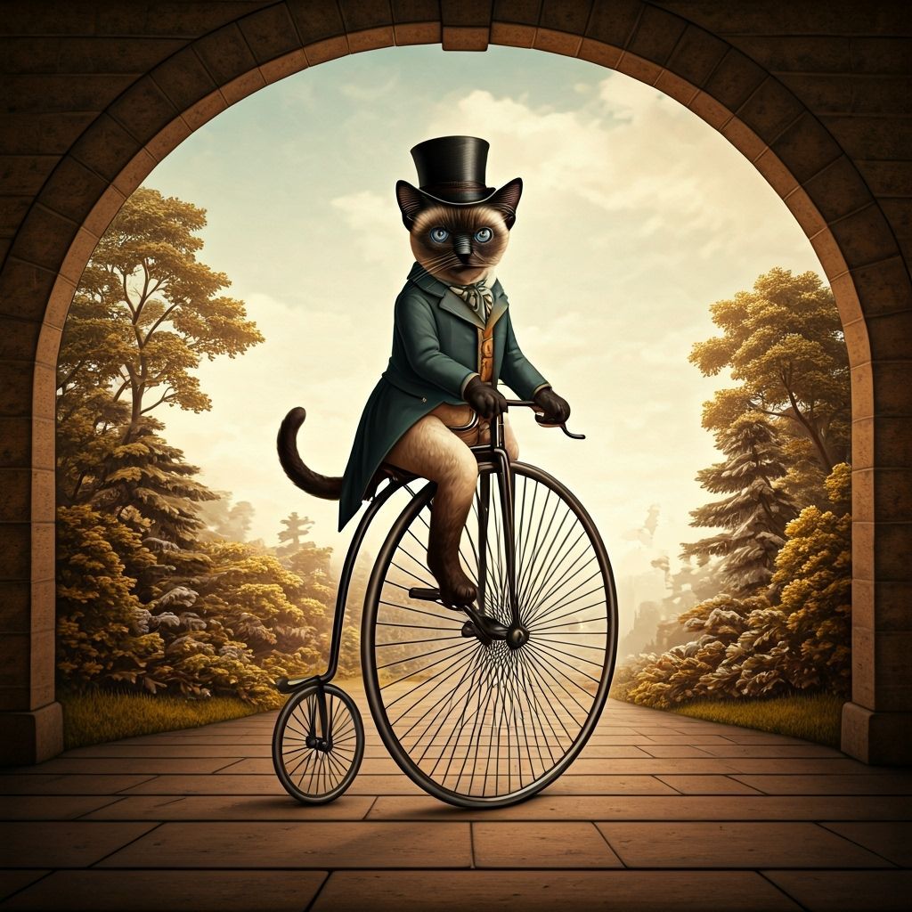 Siamese Cat Rides Penny Farthing in Victorian Style