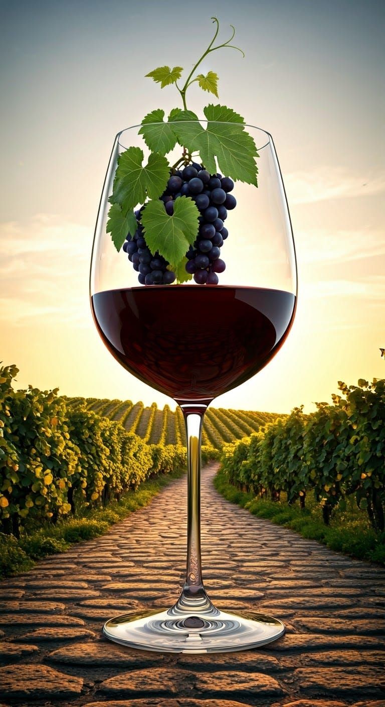 Crystal Wine Glass Blooms with Lush Vine and Grapes in Seren...