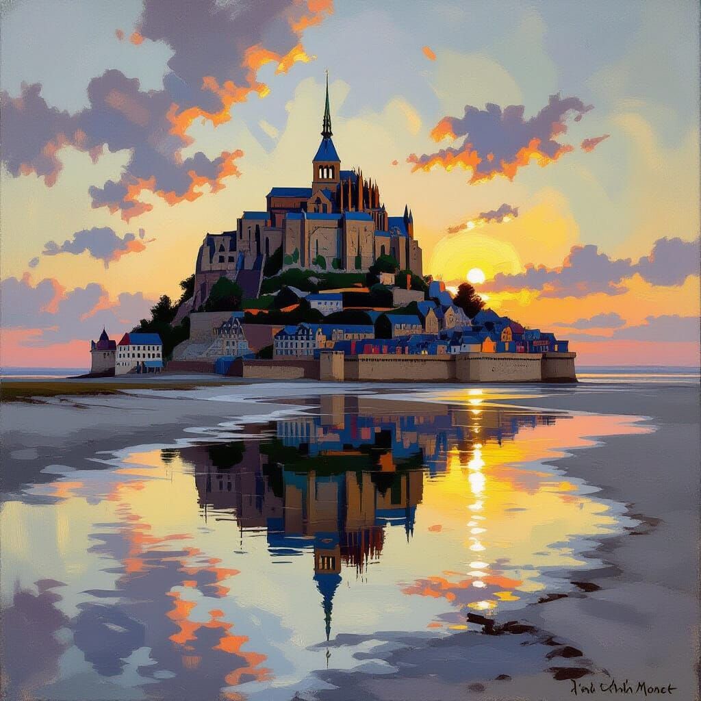Mont-Saint-Michel Abbey at Golden Hour, Impressionistic Styl...