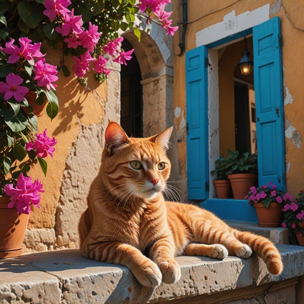 Ginger Cat Lounging in Mediterranean Village: Hyperrealistic...