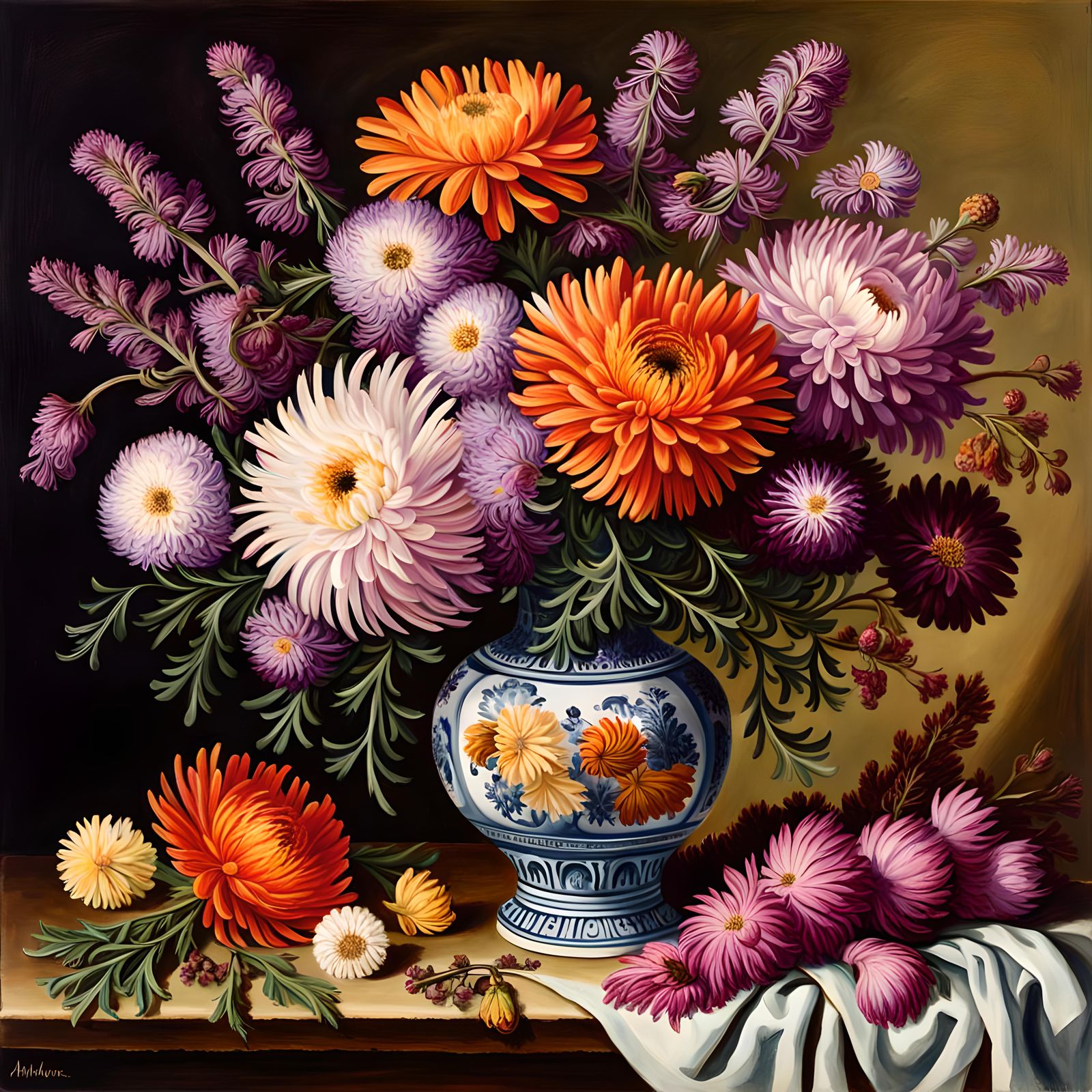 Purple Autumn Flowers Still Life as Gouache Painting