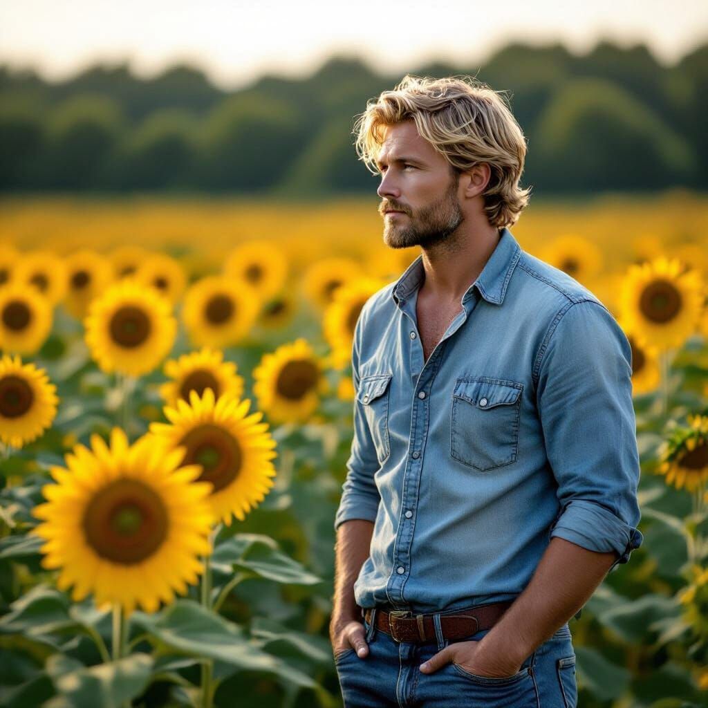 Contemplative Man in Sunflower Field: Pastoral Landscape