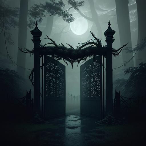 Mysterious Gate in Moonlit Forest: Stylized Digital Art
