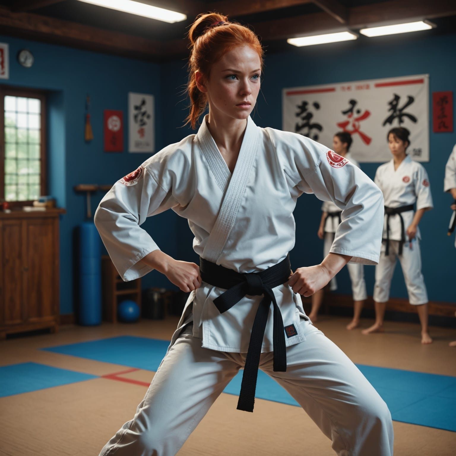 Karate Student Practicing in Dojo: Detailed Matte Painting