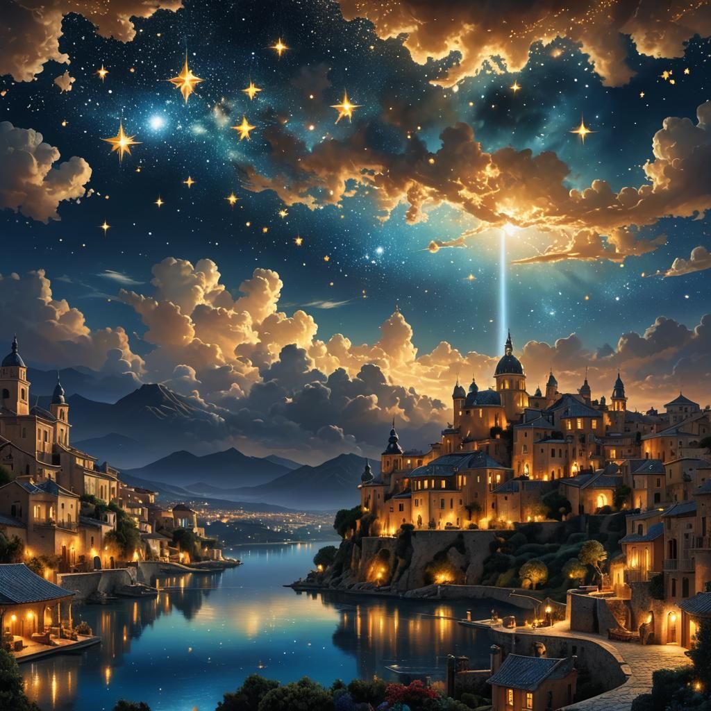 Intricate Stars Light Fantasy Night Town