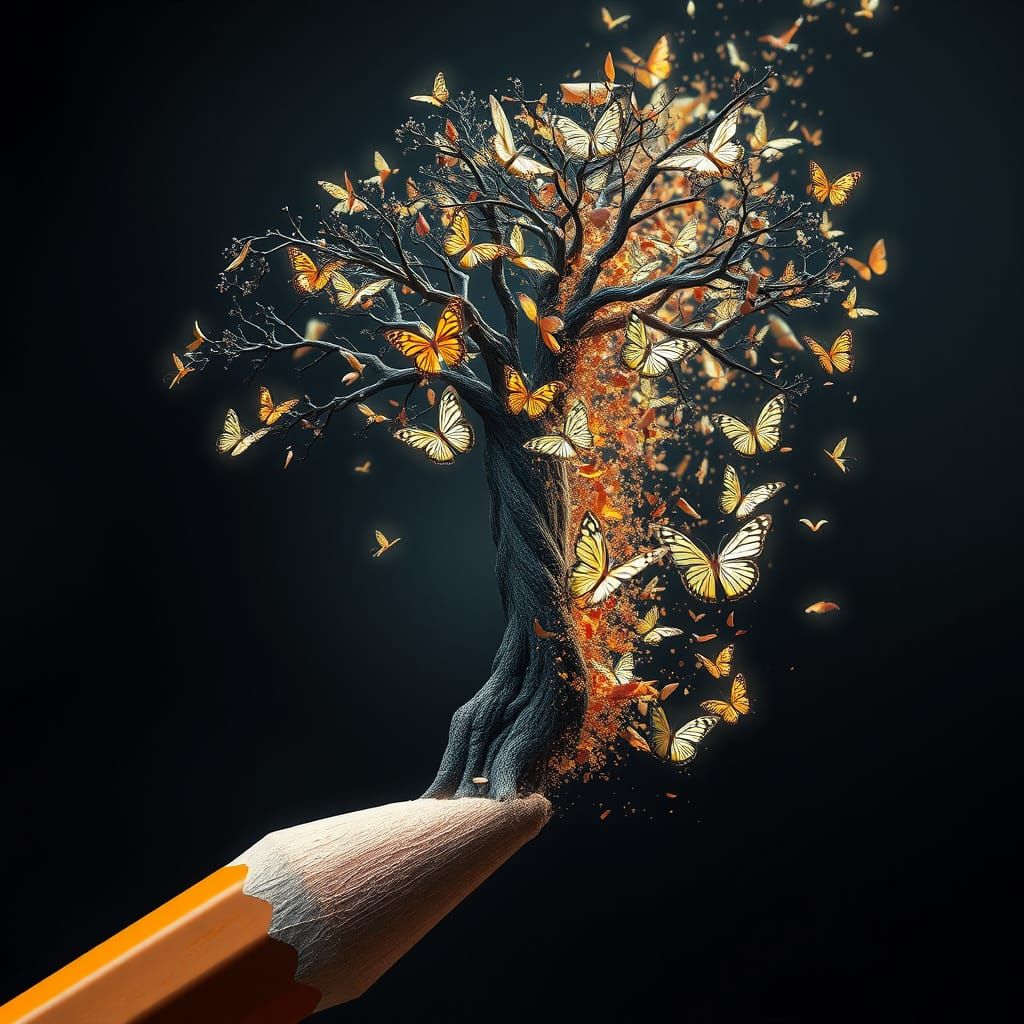 Pencil Becomes Tree with Graphite Branches and Butterfly Swa...