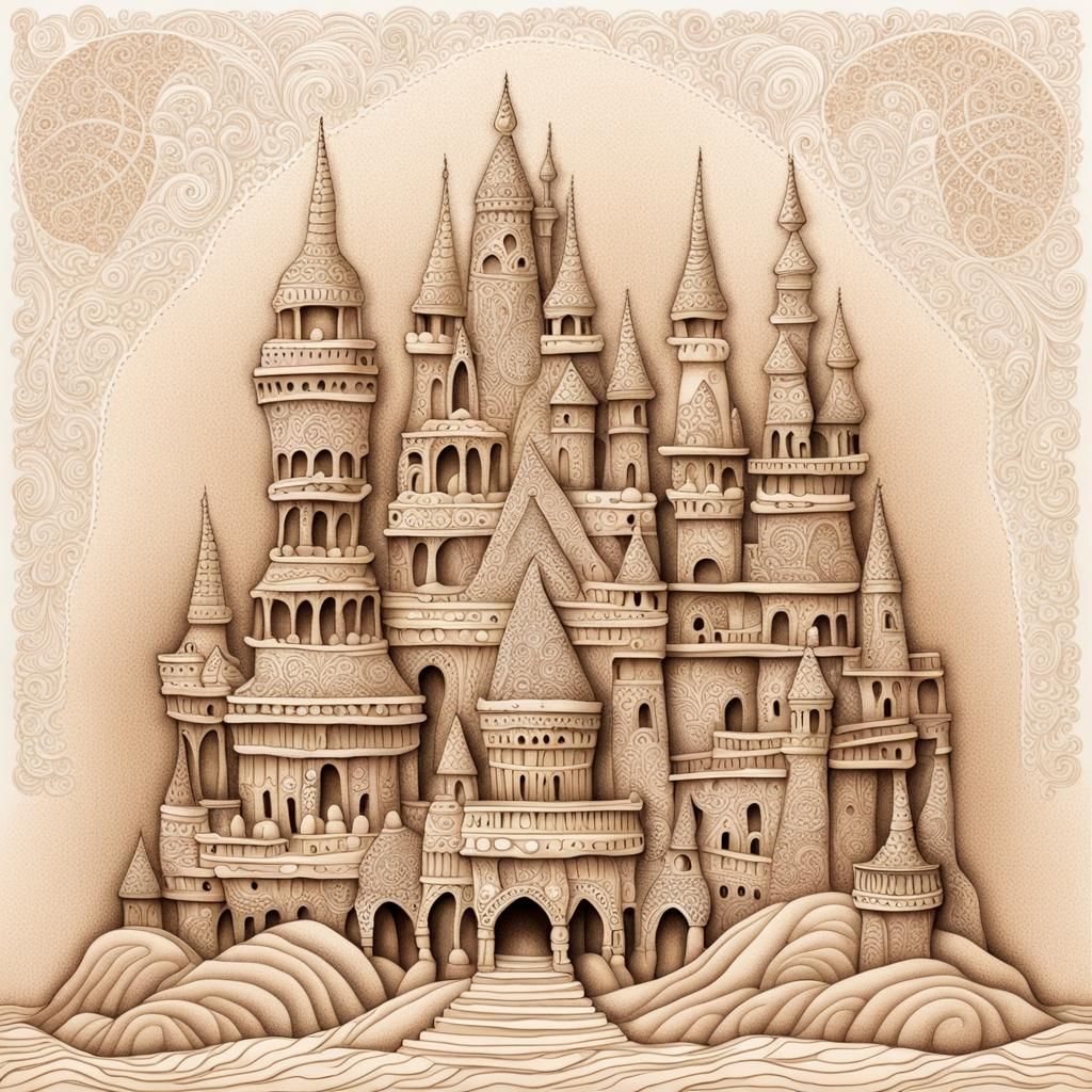 Detailed Sand Castle in Zentangle Pointillism Style