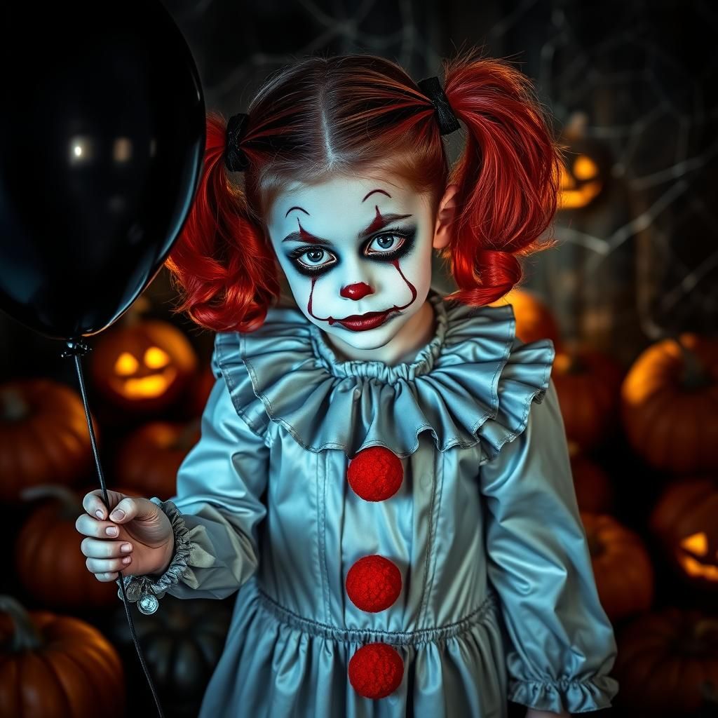 Creepy Clown Girl in Halloween Night Oil Painting