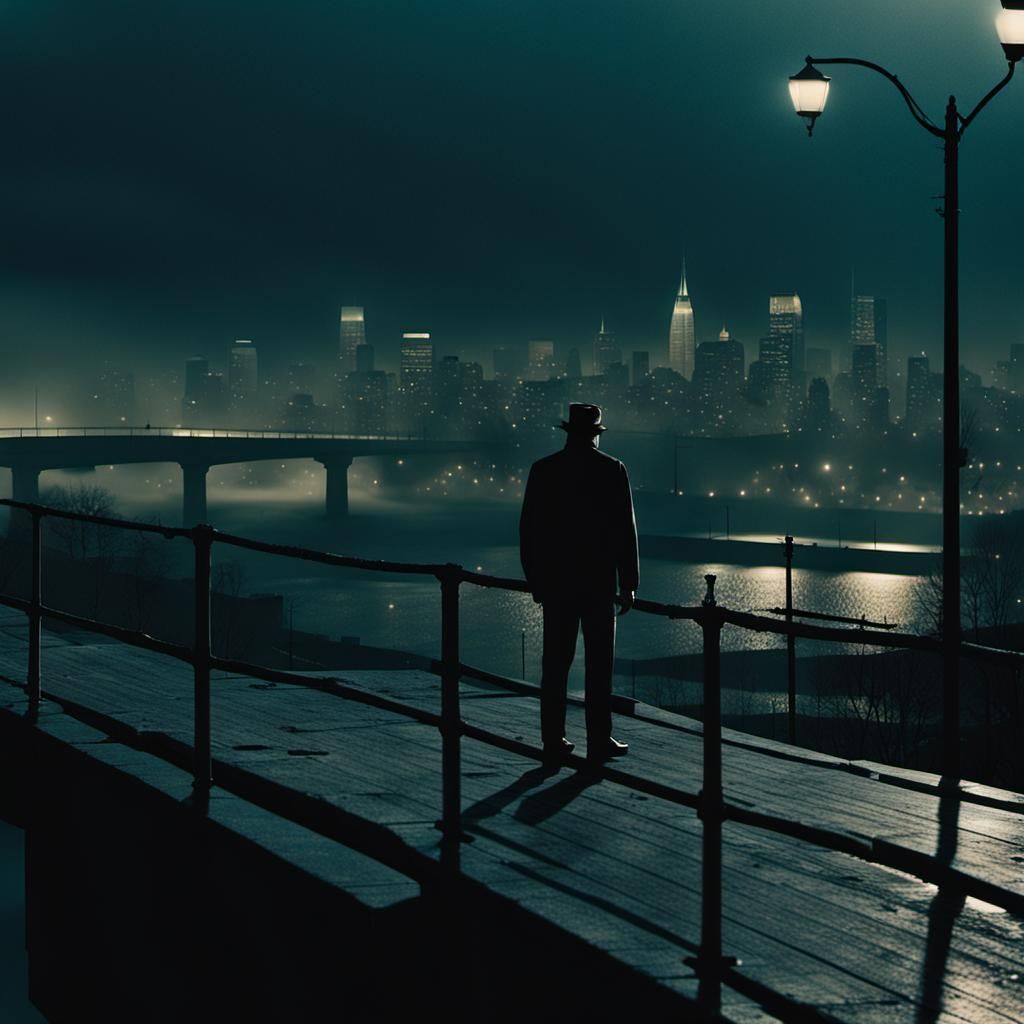 Lone Figure in Cityscape at Nighttime