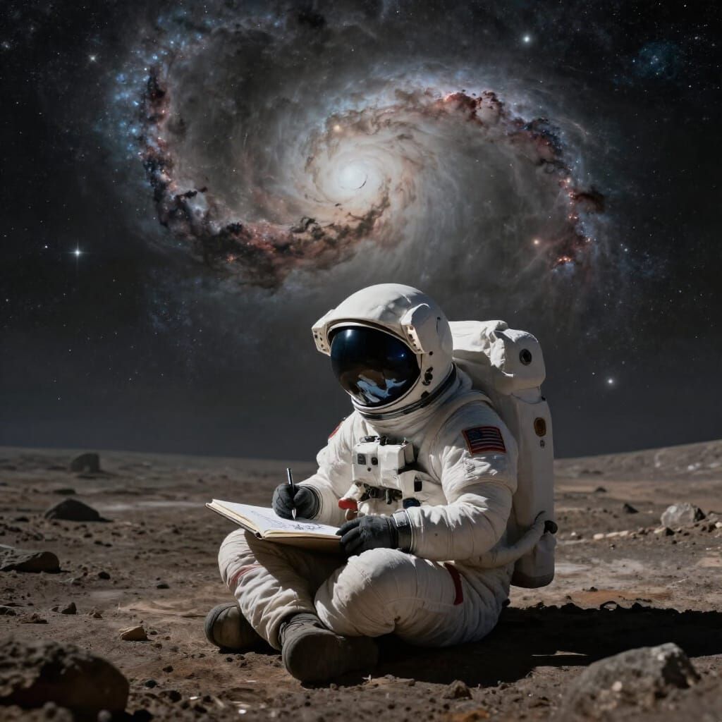 Astronaut Sketching Nebulae on Alien Planet