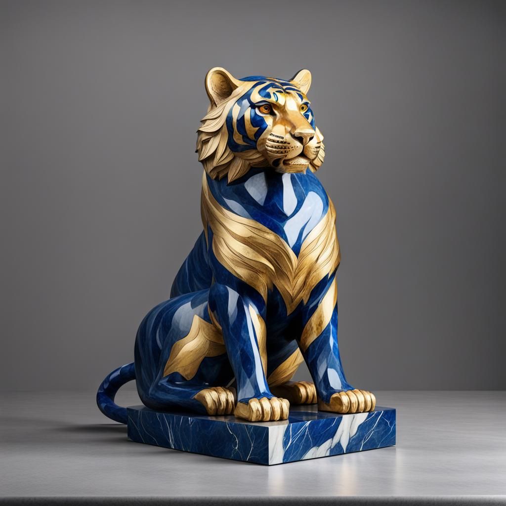 Blue and Gold Marble Tiger Statue