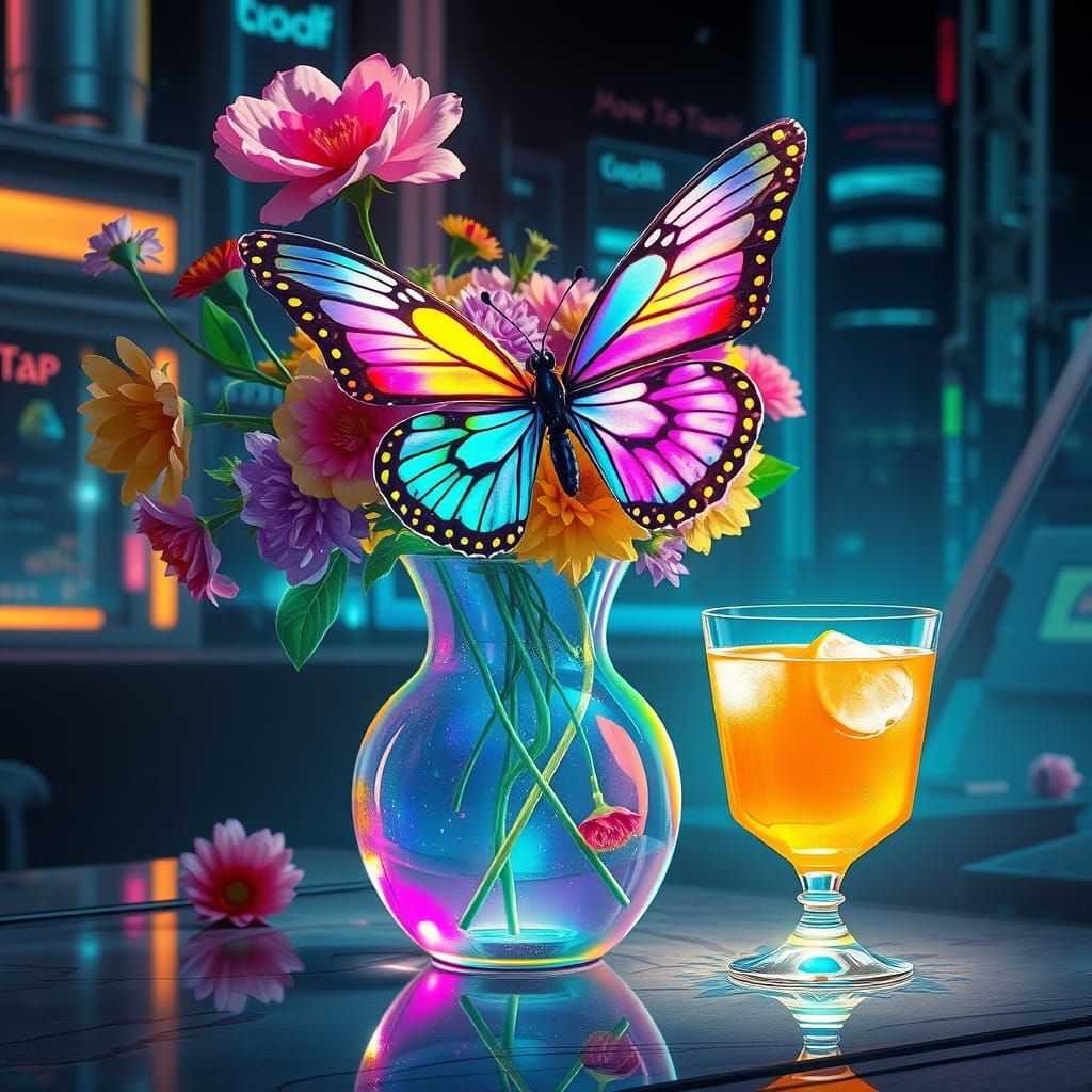 Butterfly Between Flowers and Juice in Cyberpunk Style