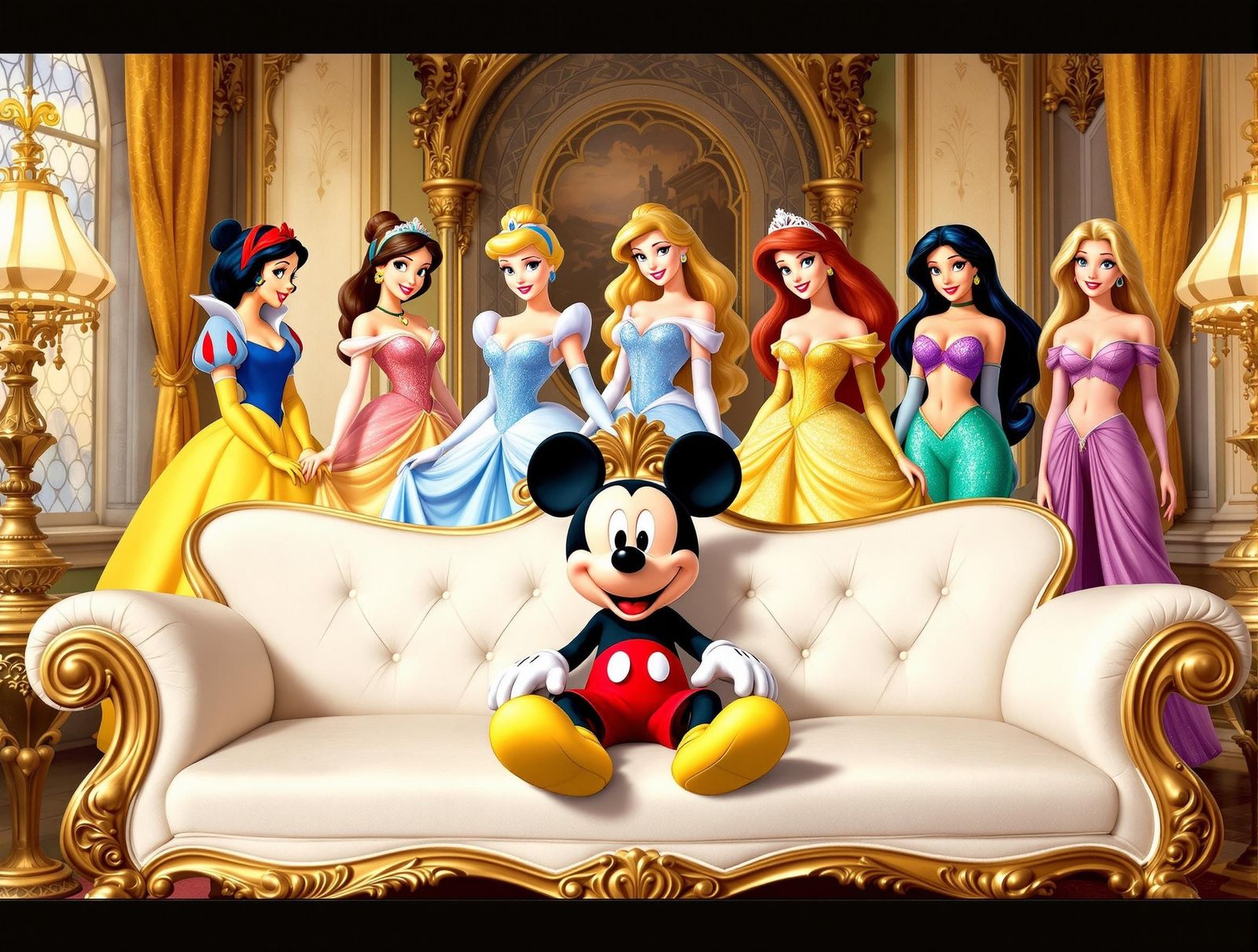 Mickey Mouse Surrounded by Disney Princesses in Elegant Livi...