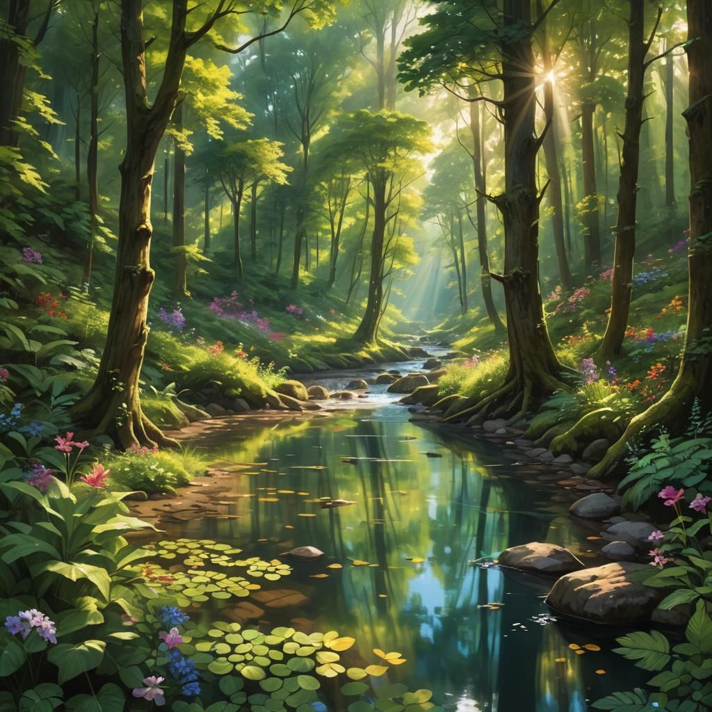 Sunlit Stream Flowing Through Verdant Forest