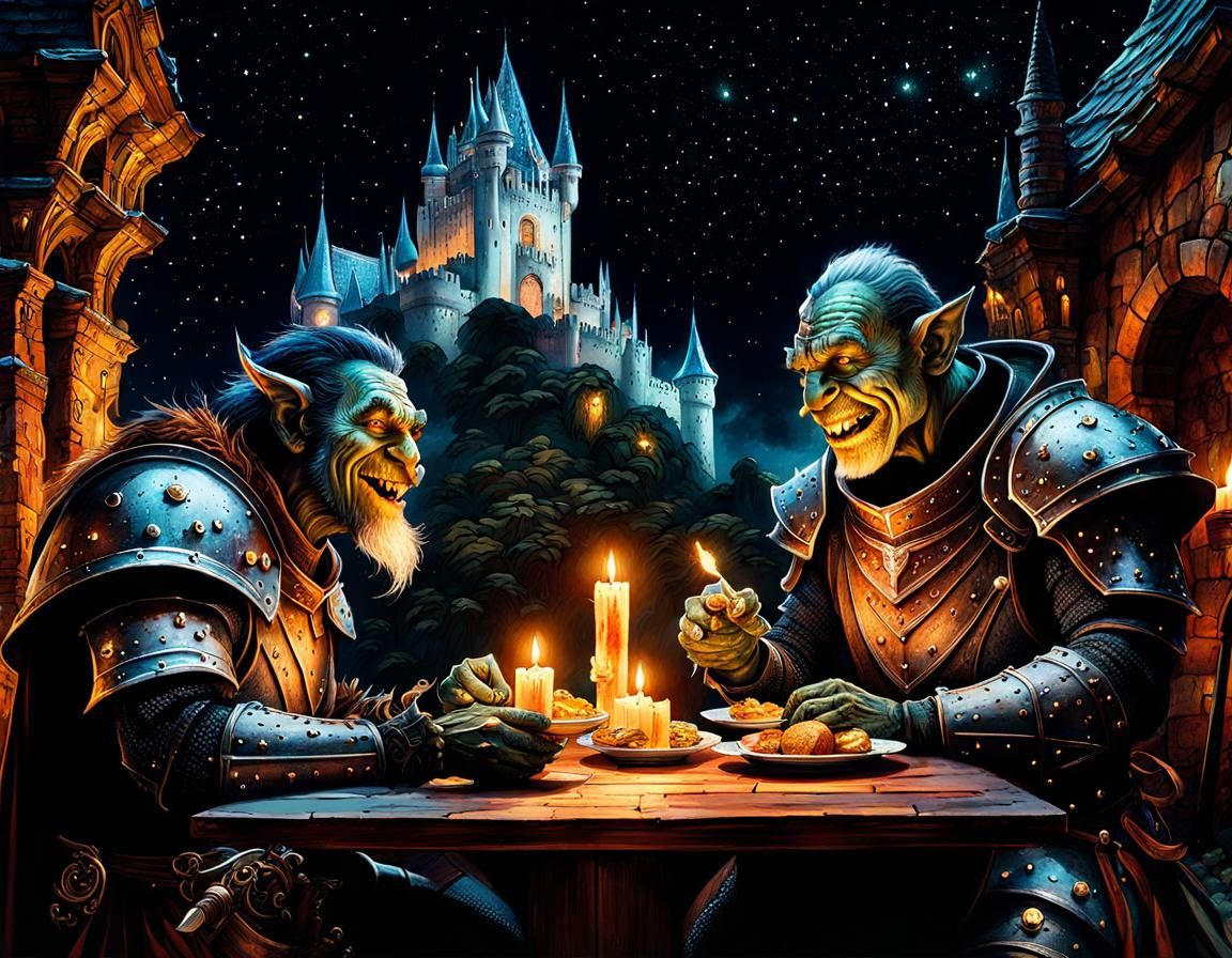 Knight and Troll Share Dinner Under Starry Sky