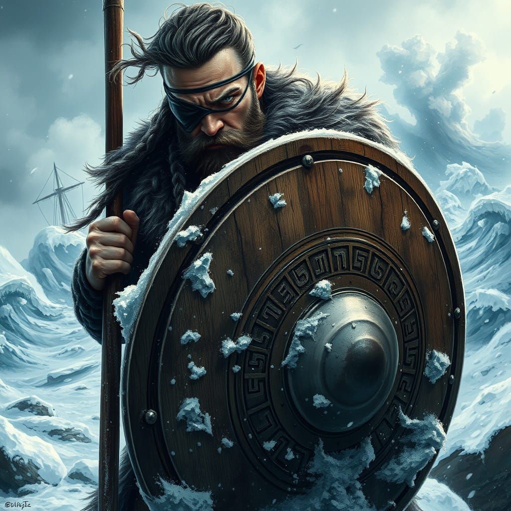 Weathered Viking Shield Warrior in Snowy Tempest