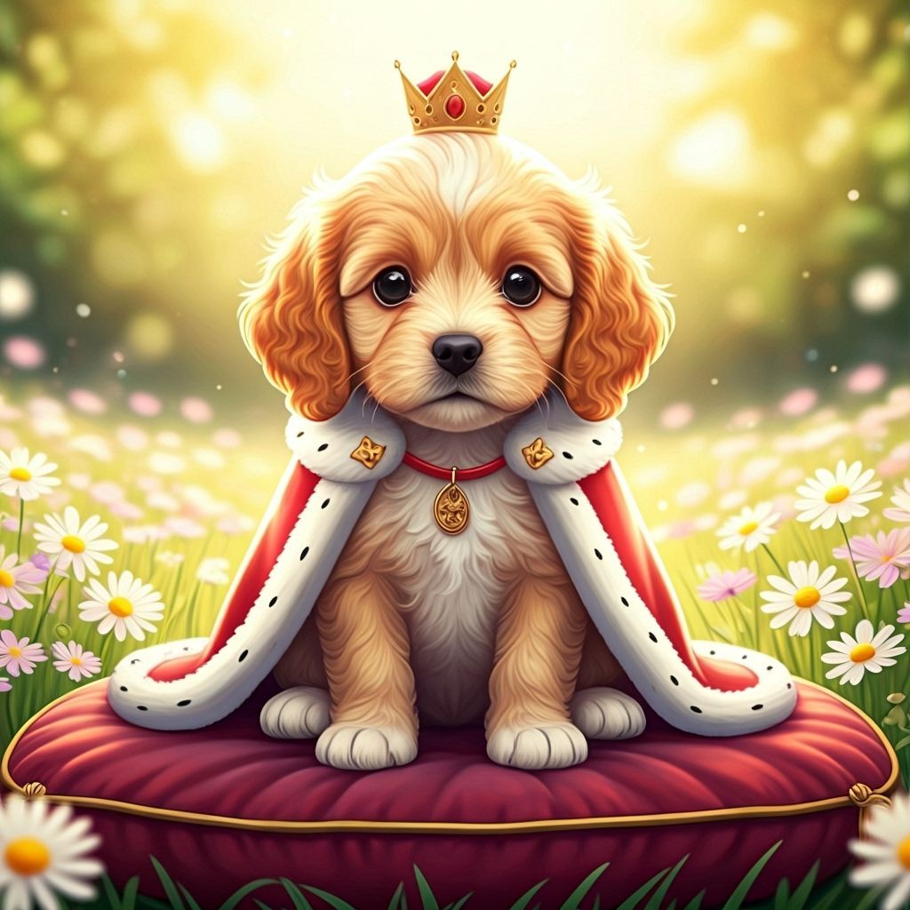 Regal Cockapoo Puppy in Anime Style Meadow
