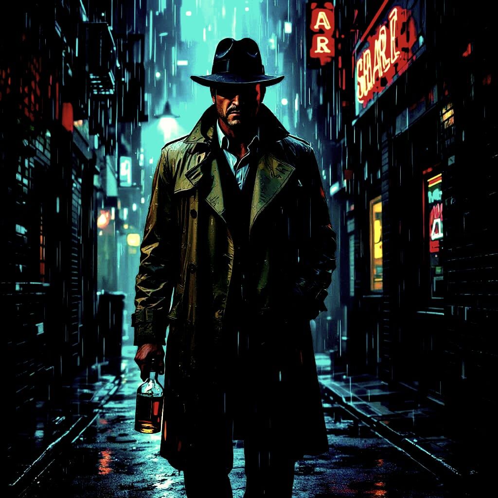 Noir Detective in Rainy Alleyway with Neon Sign