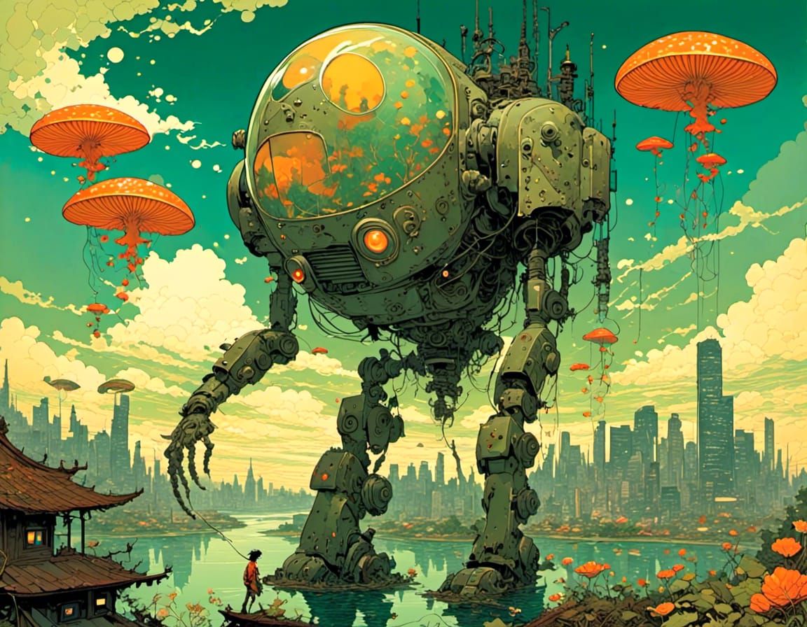 Radioactive Robot Overlooking Surreal Landscape