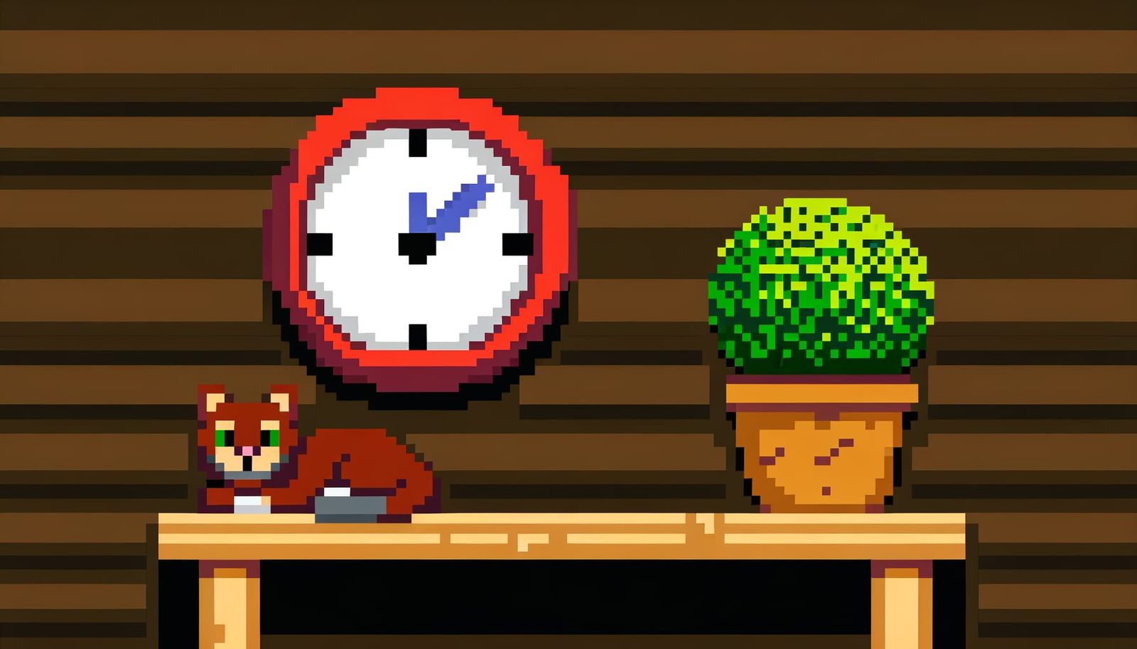 Pixel Art Feline at Rest on Wooden Shelf