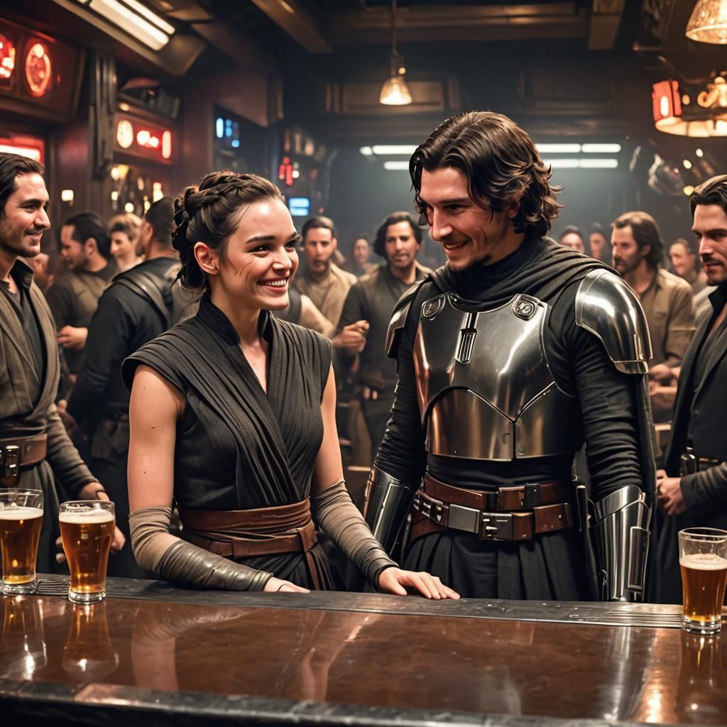 Rey and Kylo Ren in Crowded Space Bar