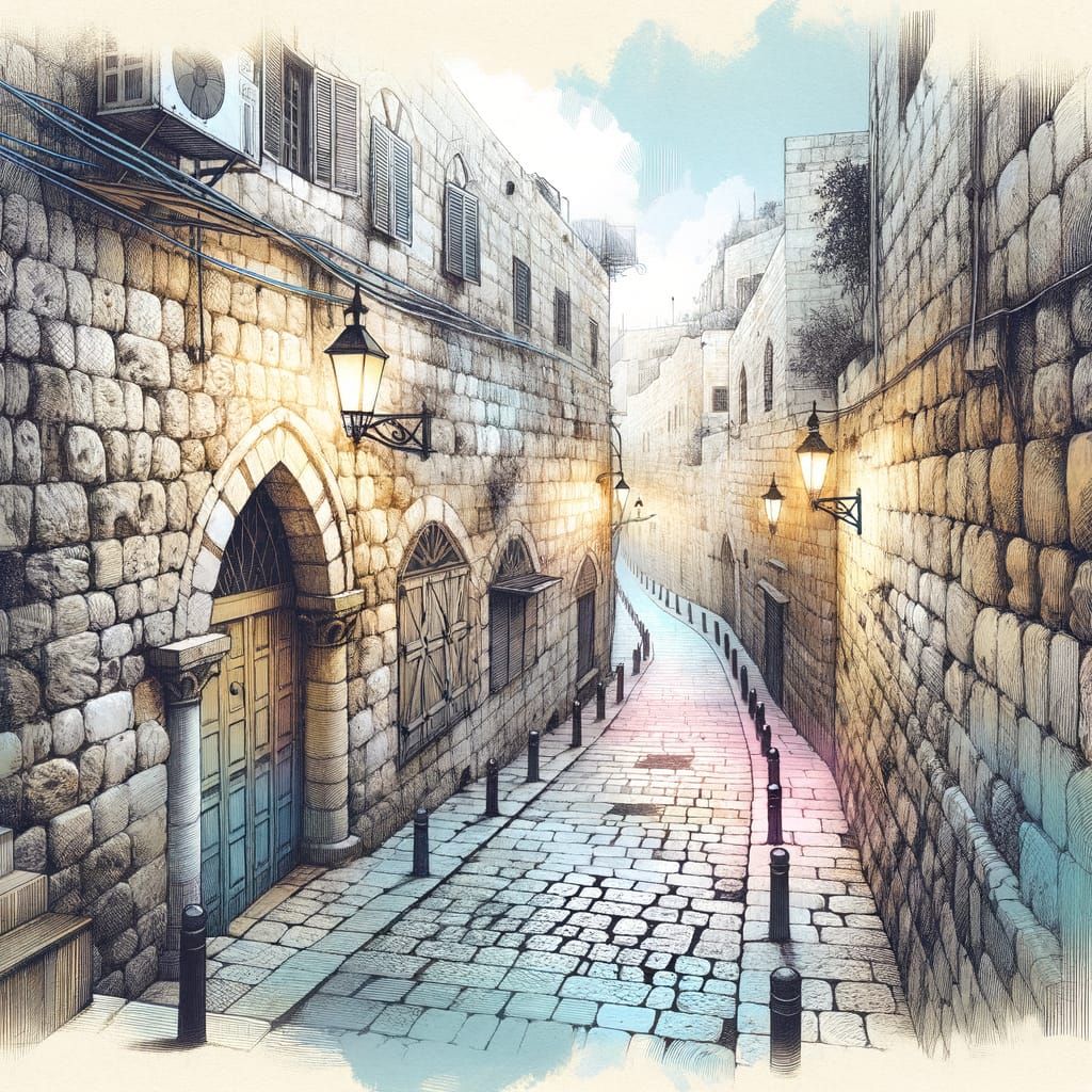 Jerusalem Cobblestone Lane in Pastel Watercolor Style