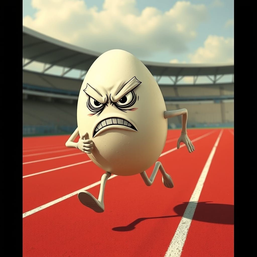 Olympic Egg Runs Red Track with Angry Face