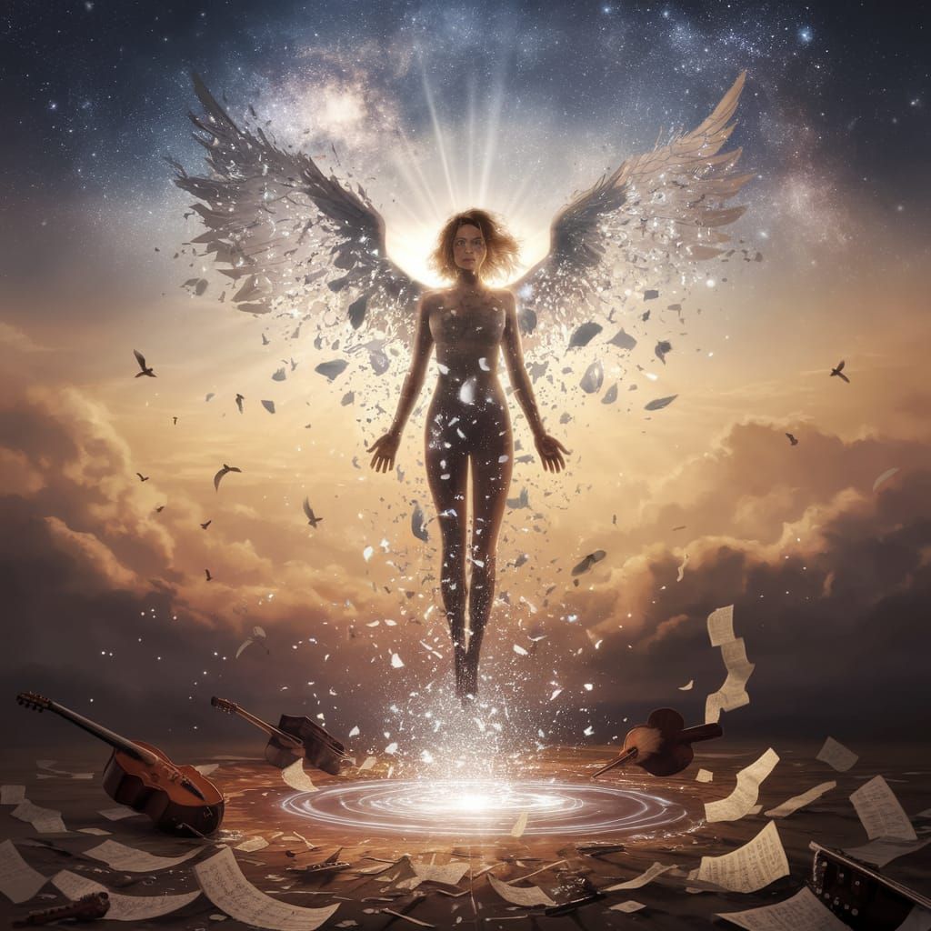 Ethereal Angel Rises from Dawn's Radiant Light