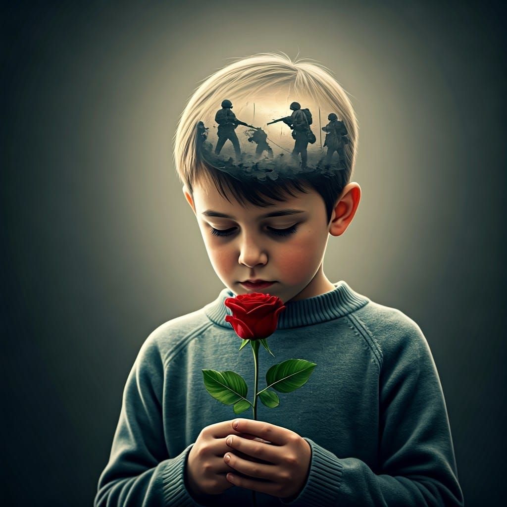 Heroic Soldiers and Boy in Double Exposure Art