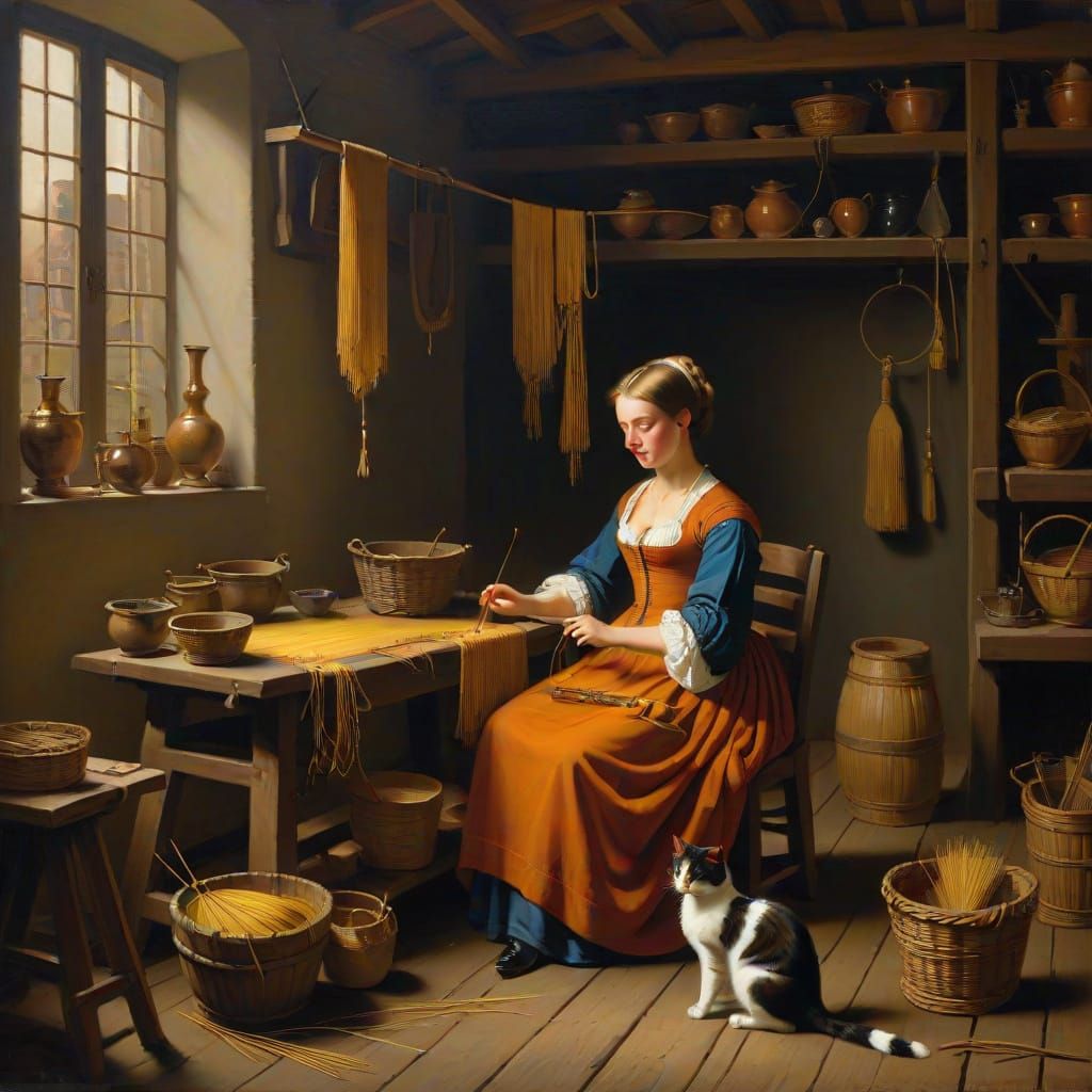 Woman in 17th Century Dutch Workshop Weaves in Warm Light