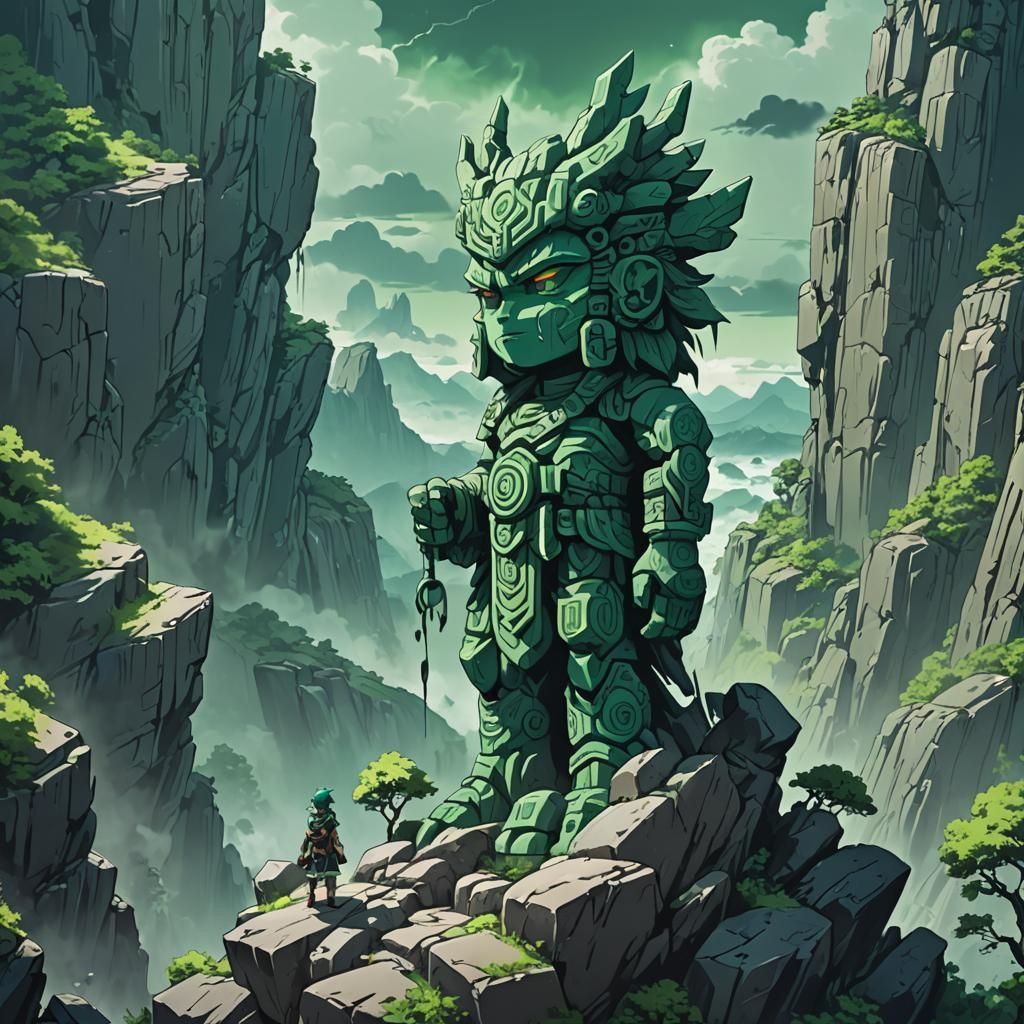 Stormy Green Totem on High Rock, Anime Style