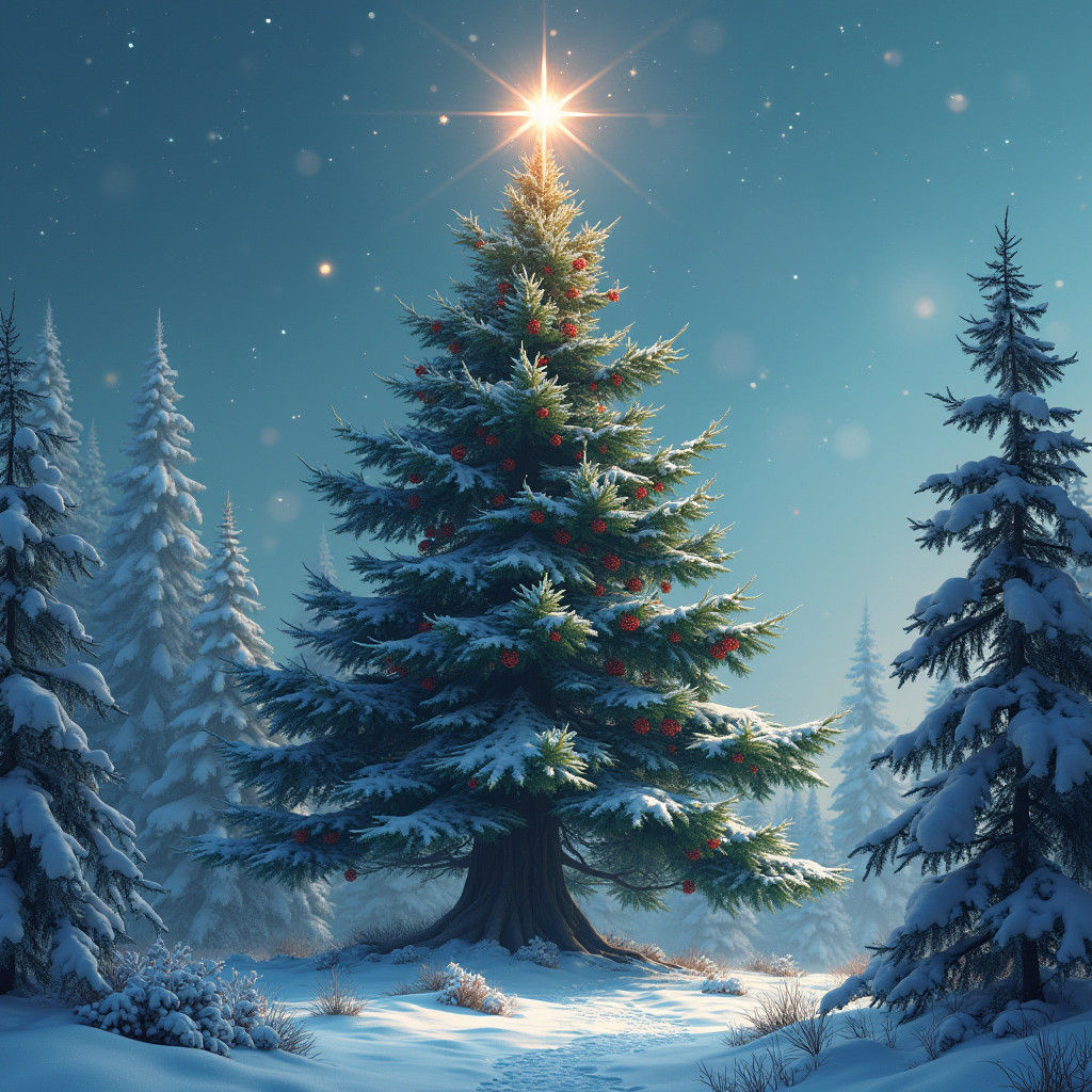 Evergreen Tree with Star in Winter Landscape