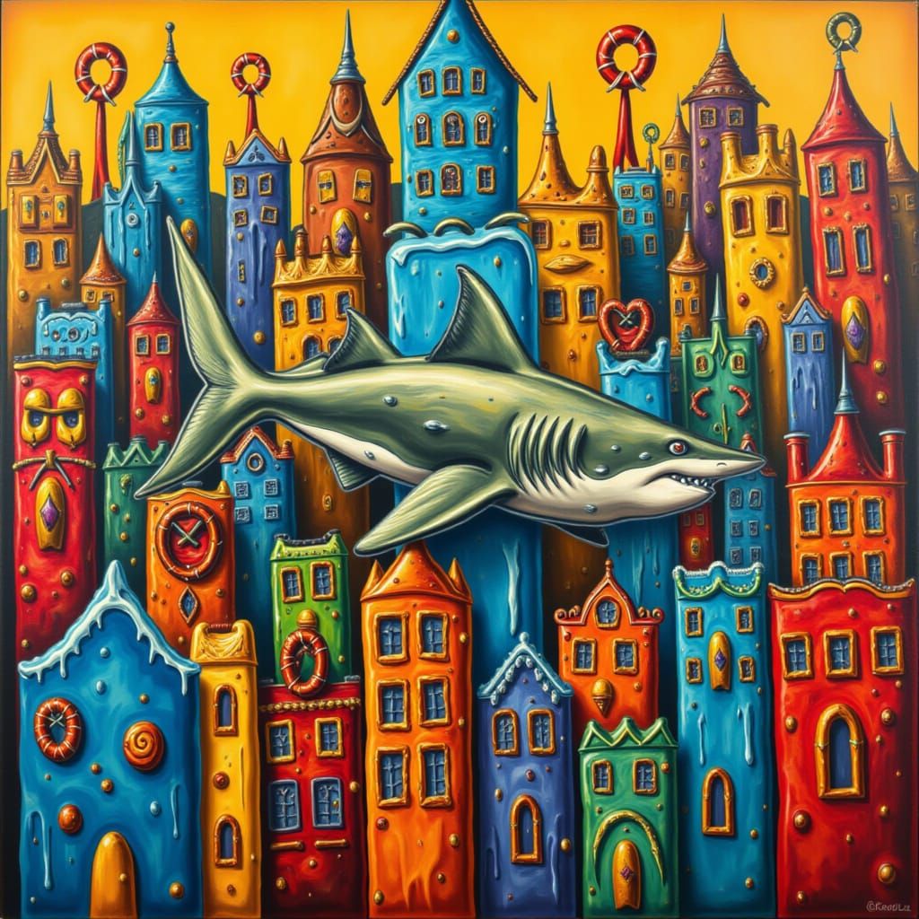 Pop Art Shark Swims Through Abstract Cityscape