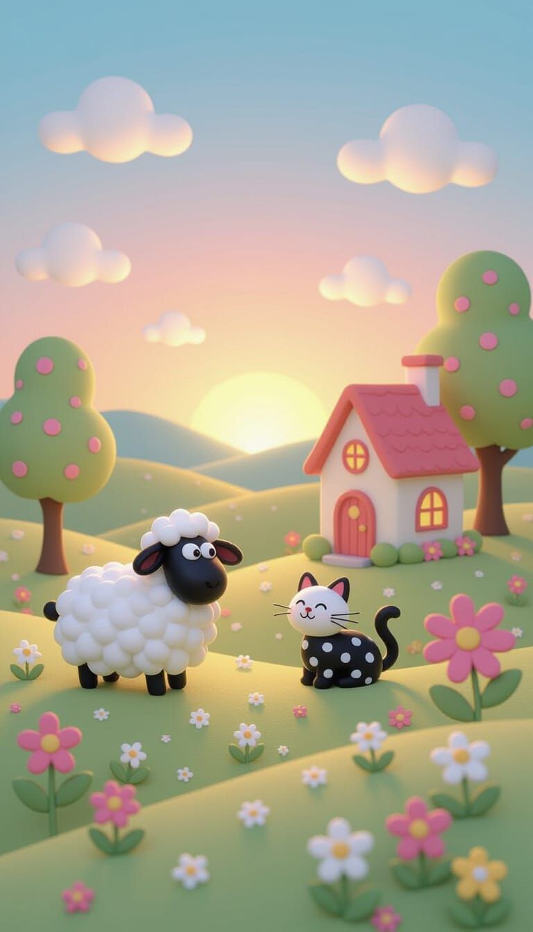 Whimsical Sheep and Polka-Dot Cat in Surreal Pastel Landscap...