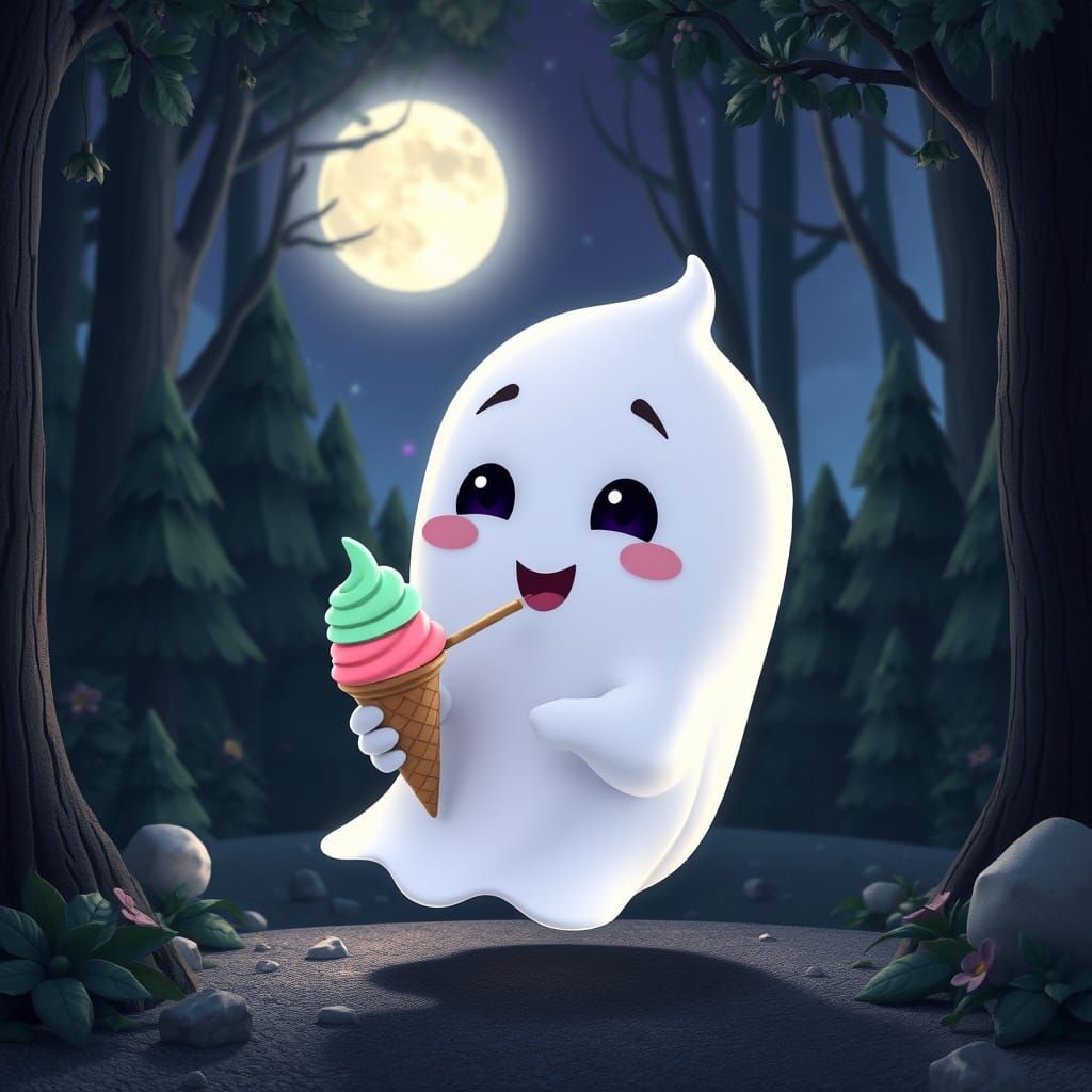 Cute Baby Ghost Enjoys Ice Cream: Pixar Style