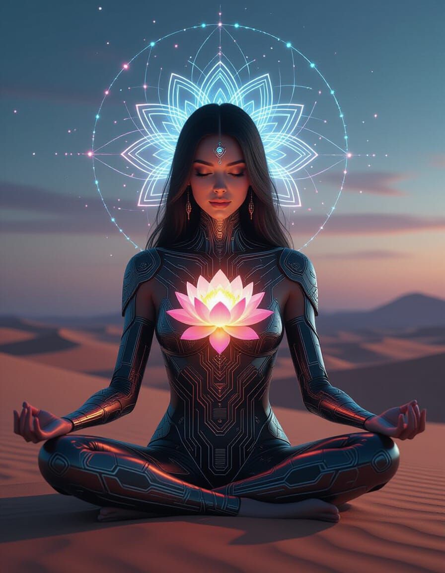 Mystic Woman in Geometric Circuitry Outfit with Lotus Heart