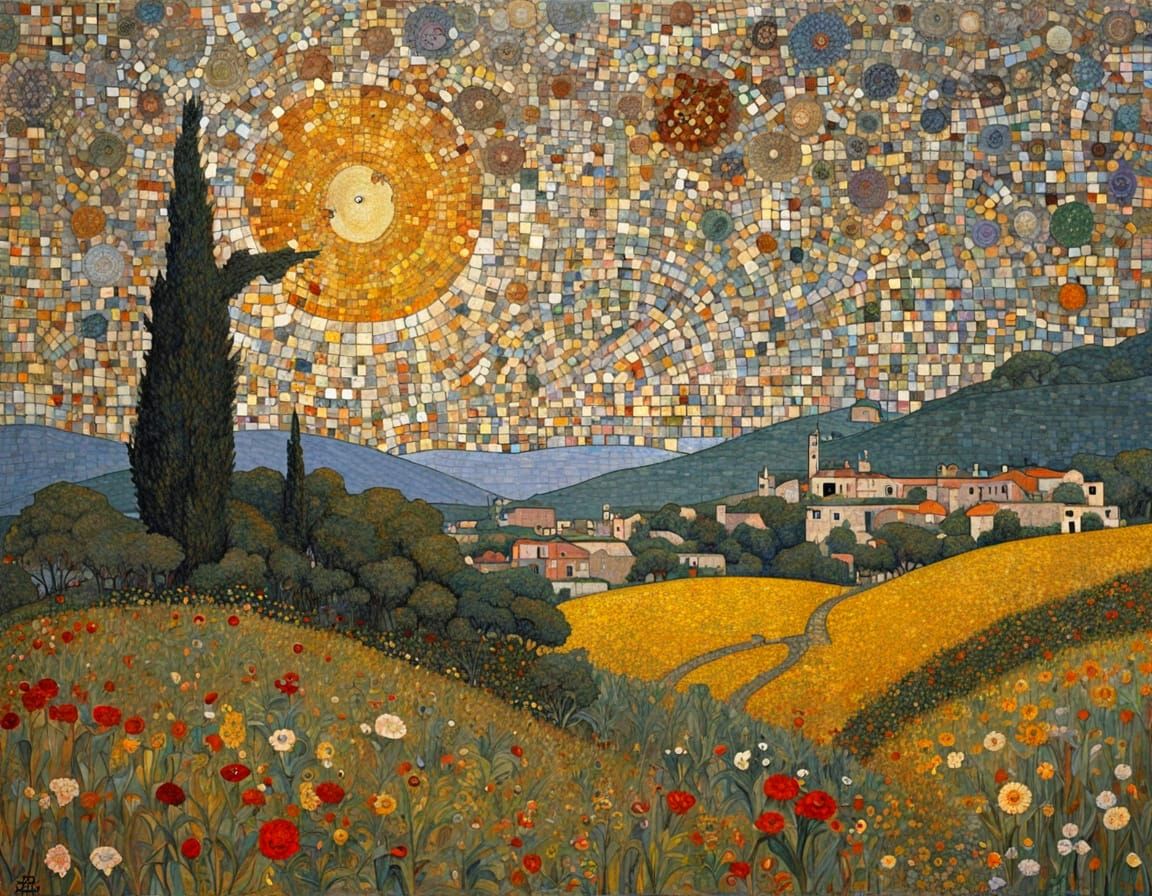 Art Nouveau Mosaic of Italian Village at Sunset