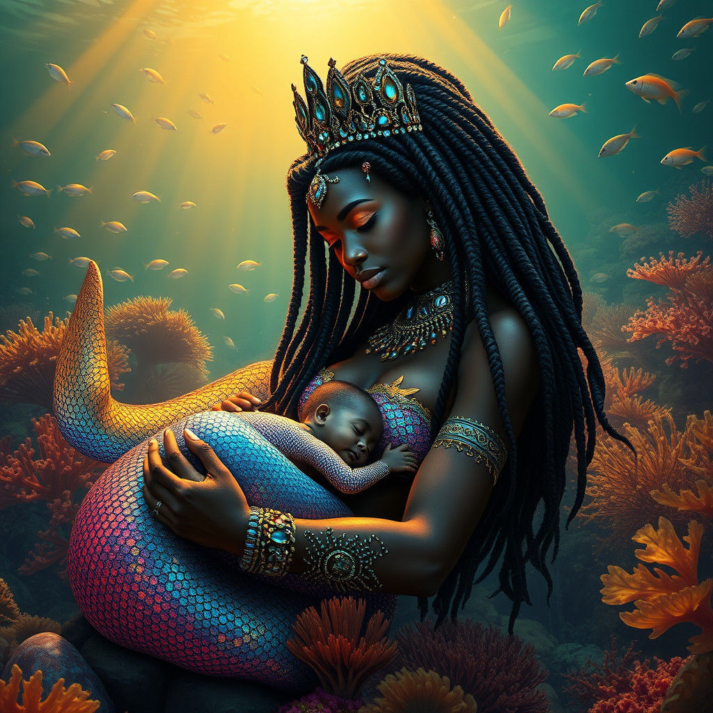African Mermaid Goddess in Underwater Paradise