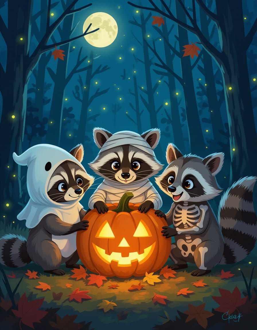Halloween Raccoons in Costumes Around Glowing Pumpkin