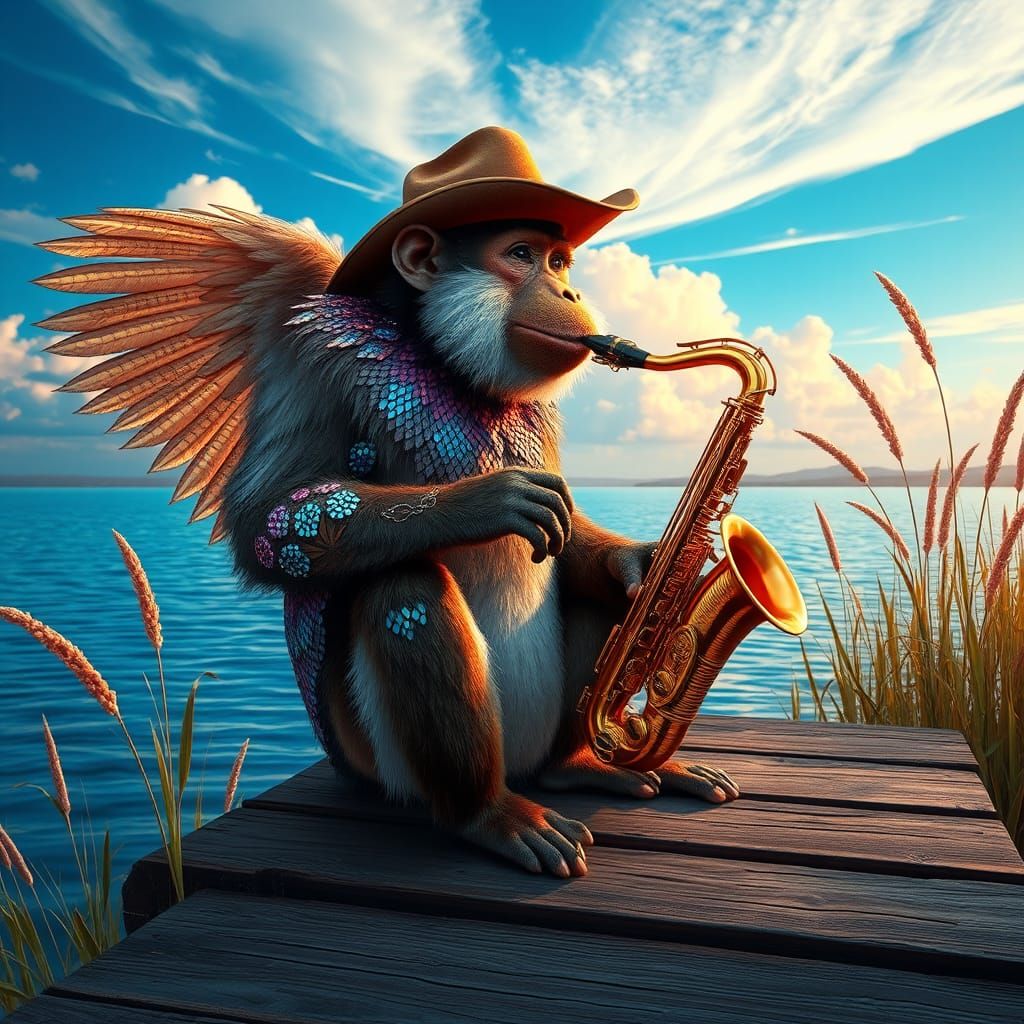 Sequin Mallard Monkey Plays Saxophone on Dock