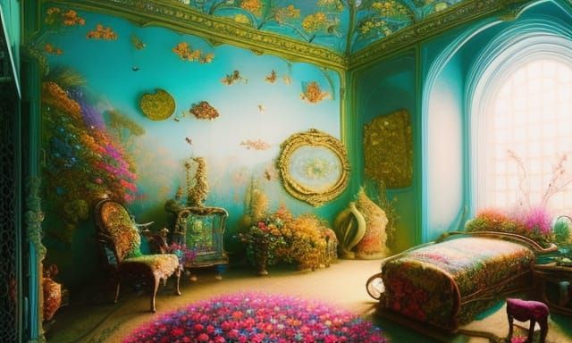 Maximalist Room with Birds and Flowers in Anime Style