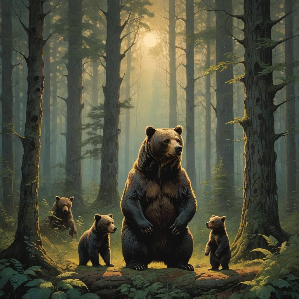 Mother Bear Protecting Cubs in Forest, Atmospheric Painting