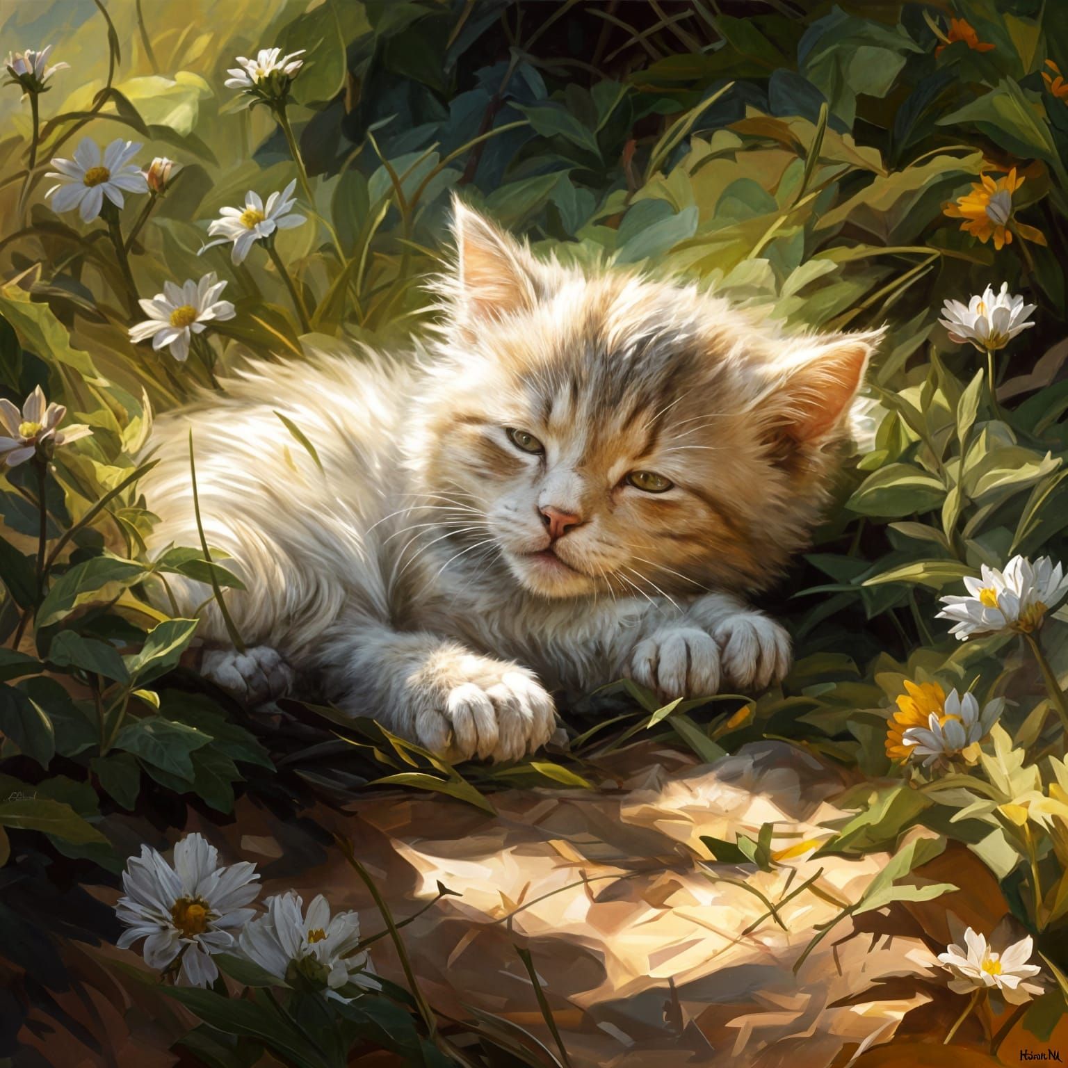 Kitten Sleeping in Sunshine: Dynamic Brushwork Oil Painting