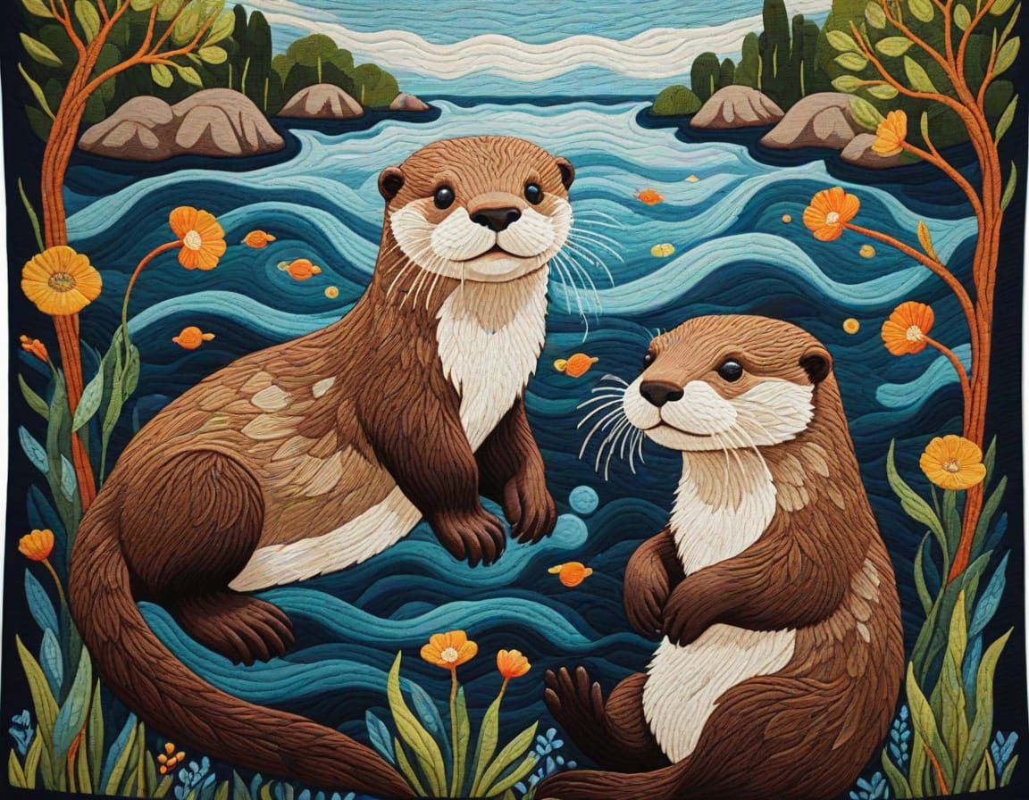 Golden Otter Tapestry in Gustav Klimt Style