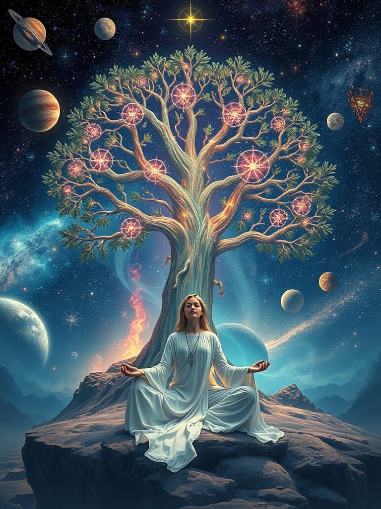 Meditating Woman Under Cosmic Tree of Life in Outer Space