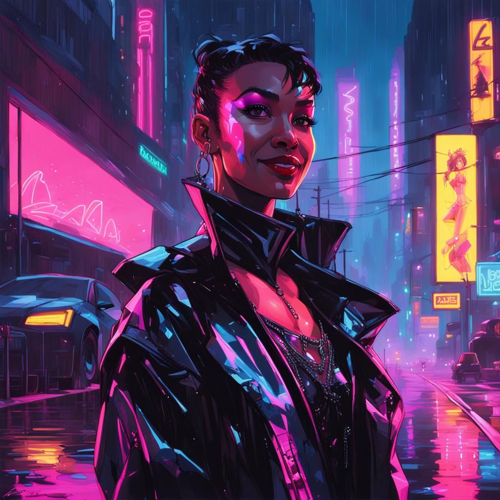 Cyberpunk Harlequin Portrait in Neon Cityscape